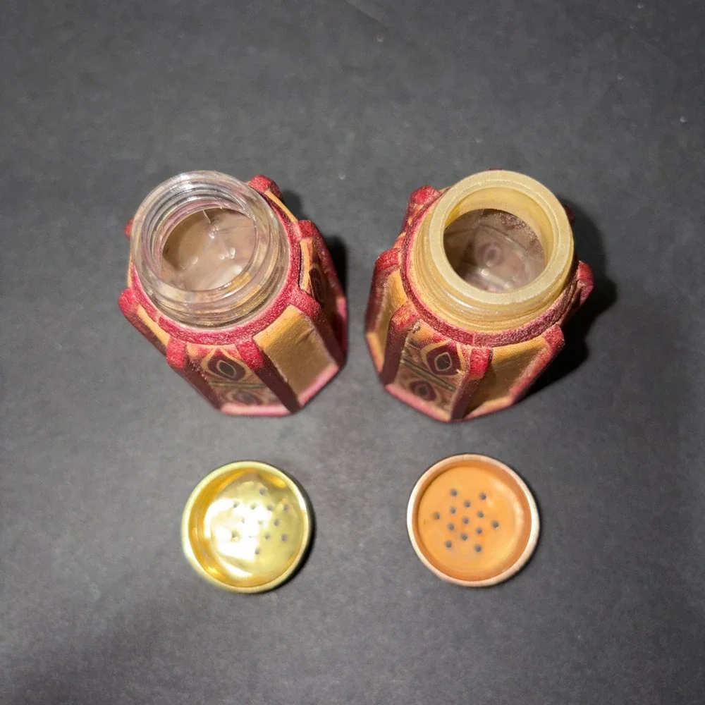 Vtg Leather Wrapped Salt and Pepper Shakers Octagonal Boho Geometric Red Gold